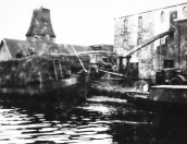 Hooilevering bij de Olieslagerij tijdens de oorlogsjaren 1940/1945. Op de achtergrond de schorsmolen die Nauta aan de firma Posthuma verkocht. De wieken waren er al afgehaald.