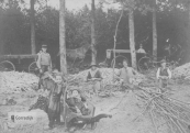 Wanneer in het voorjaar het hout begon uit te botten kwamen de eekschillers, veelal van de Veluwe, met hun gezin om eikenhakhout te kappen en van schors te ontdoen. De met hun eentonig geklop losgemaakte schors werd in bossen gebonden (links op de foto), naar een runmolen (zoals de Gorredijkster skorsmûne) gebracht en tot run vermalen, om als looistof bij de leerlooierijen te worden gebruikt. De gezinnen woonden zolang bij een boer in de schuur of de stal, zoals in de bij Harinxmastate horende verzorgingsboerderij. De foto laat zien dat ook kinderen werden meegenomen naar het werk, de groteren moesten zelfs mee kloppen.