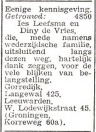 Bekendmaking van het huwelijk van Dina de Vries en Izak Leefsma, uit  Het Joodsche Weekblad, 17 juli 1942