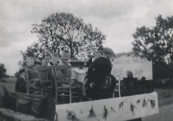 Optocht tijdens schoolfeest; Vele varkens maken de spoeling dun, met Tjalle de Jong, Lutske de Jong en Jan Talsma in 1957. (Foto: Bonne Talsma)