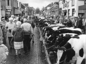 In 1988 werd op de najaarsmarkt te Gorredijk nog veel vee aangevoerd. Tien jaar later was het aanbod praktisch nihil. Links Jelmer v/d Schaaf met zijn vrouw aan de arm.