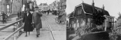 Albert Sinnema met zijn echtgenote op de Hoofdbrug tijdens de winkelweken van 1929. Hiernaast hun woning aan de Stationsweg met links een deel van de Mulo school waarvan hij hoofd was. Foto 1931.